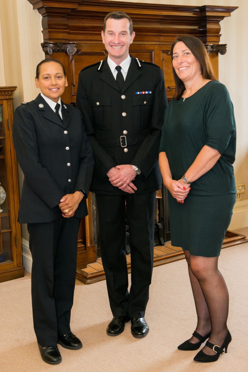 Image of PC Ahmed, Temporary Chief Constable John Robins and T/DI Hayley Nortcliffe