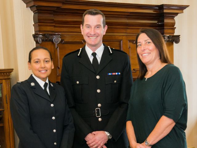 Image of PC Ahmed, Temporary Chief Constable John Robins and T/DI Hayley Nortcliffe